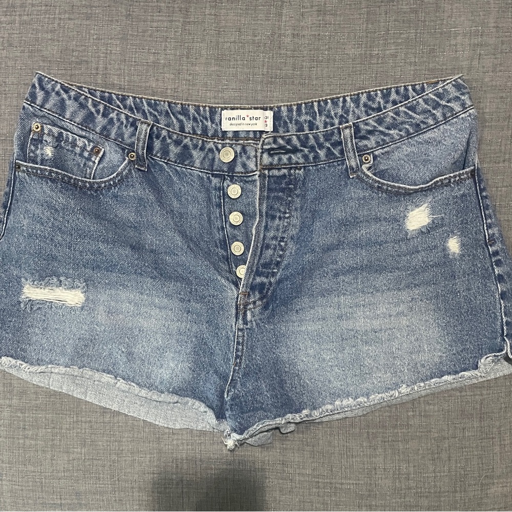 Vanilla Star Blue Distressed Button-Front Denim Shorts
